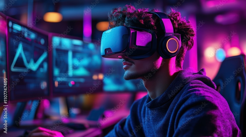 Young man using VR headset, gaming in a neon-lit room. Young man using VR headset, gaming in a neon-lit room.