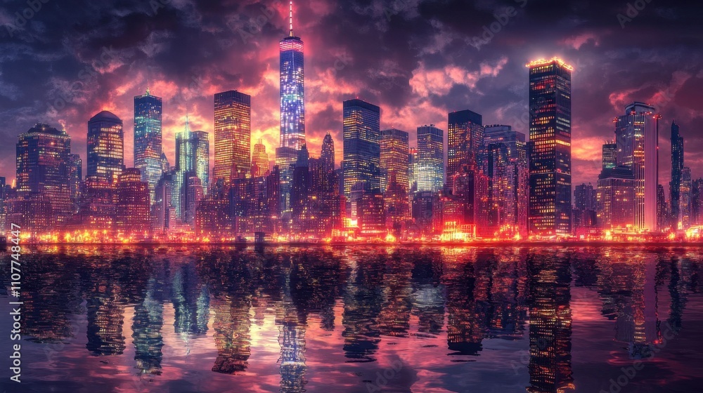 Fototapeta premium A stunning view of city lights reflecting off towering skyscrapers, capturing the energy and beauty of a bustling urban nightscape
