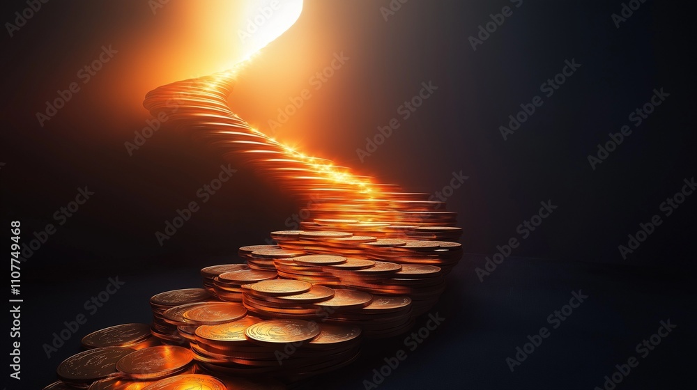 Obraz premium winding staircase made of glowing coins leading up to a bright light, symbolizing financial growth and career advancement