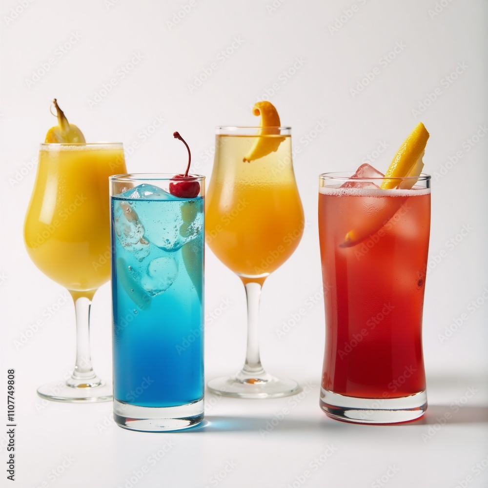 Vibrant cartoon-style cocktails adorned with fruit garnishes against a crisp white backdrop