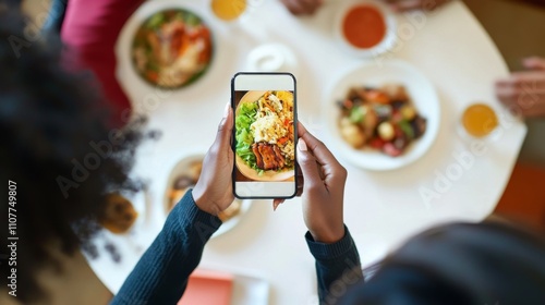 A person uses a smartphone to capture a photo of a deliciously presented dish on a table filled with vibrant, diverse food during a social meal gathering. photo