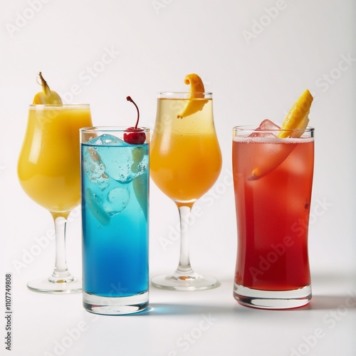 Obraz na płótnie Vibrant cartoon-style cocktails adorned with fruit garnishes against a crisp white backdrop w salonie