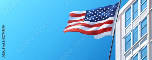 American flag waving on modern building: united states patriotism symbol