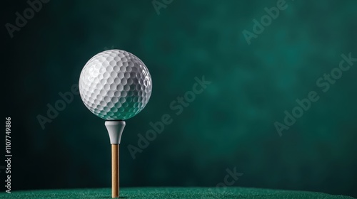 Golf ball on a tee against a textured green background.