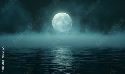 An ethereal scene of the full moon rising above the ocean, partially obscured by a mist or fog