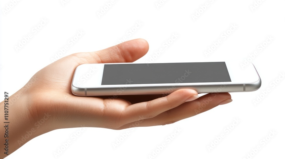 A Hand Holding a Sleek Smartphone Against a White Background A Hand Holding a Sleek Smartphone Against a White Background