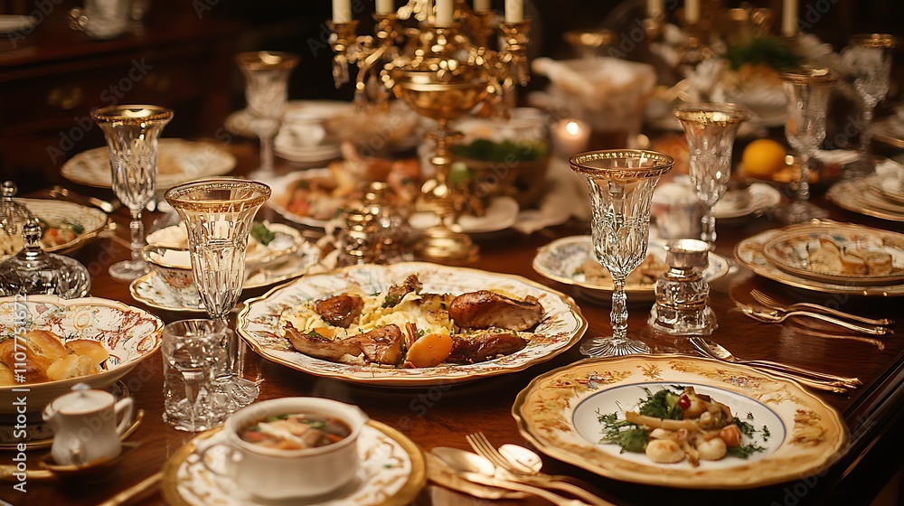 Fototapeta premium arranged gourmet meal on an elegant dining table, with fine china, crystal glasses, and a variety of dishes