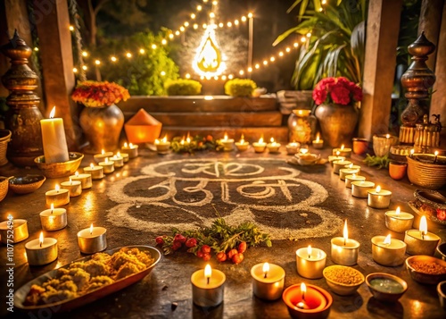 Long Exposure Capture of Vastu Shanti and Shree Satyanarayan Puja in Marathi Calligraphy with Vibrant Colors and Soft Lighting for Spiritual and Cultural Themes photo