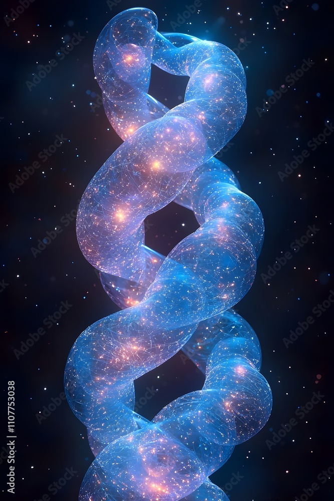 Obraz premium A mesmerizing abstract representation of DNA, swirling in a galaxy of stars. The ethereal blue and purple hues create a sense of wonder and connection to the cosmos.
