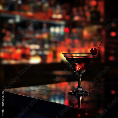 A cocktail with a single cherry is stylishly presented on a bar counter with an atmospheric, blurry background featuring vibrant lights and various bottles.