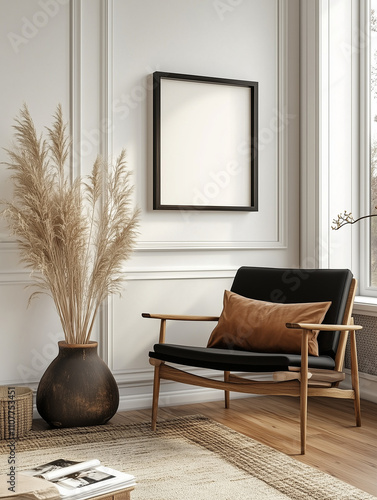 A mid century modern loungeroom mockup with a blank wall to insert image art