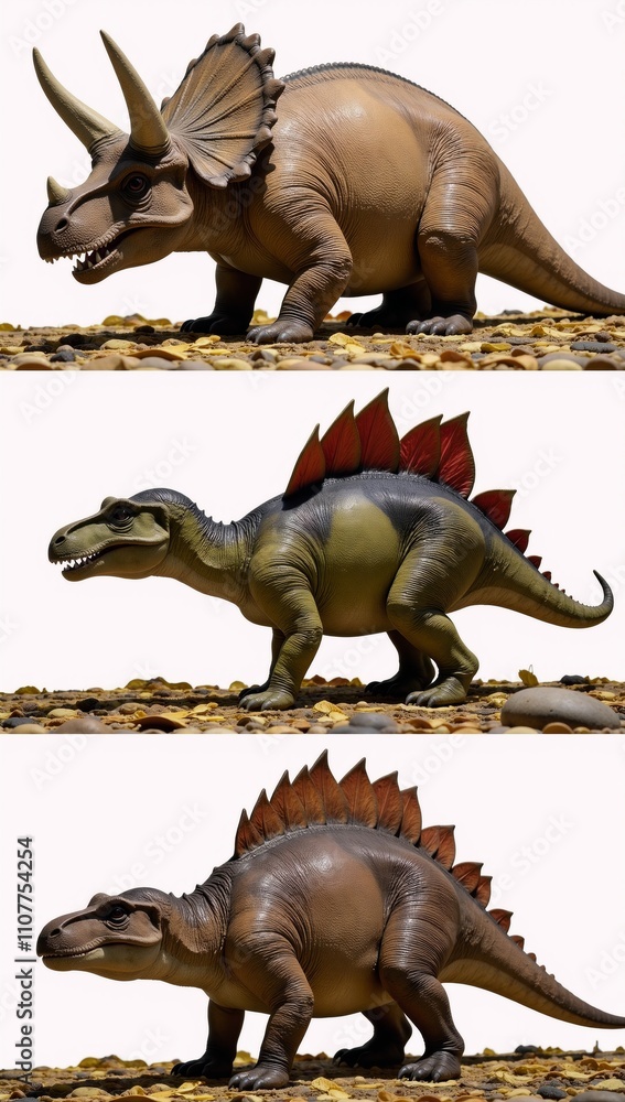 Fototapeta premium Dinosaurs Triceratops Stegosaurus Ankylosaurus featuring intricate scales horns and spikes in a natural habitat surrounded by vegetation like leaves and rocks