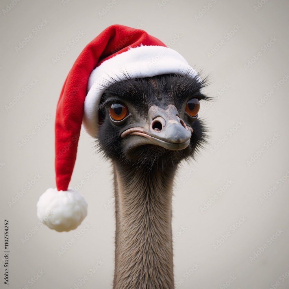 A festive emu bird sporting a Santa hat in a cute cartoony style