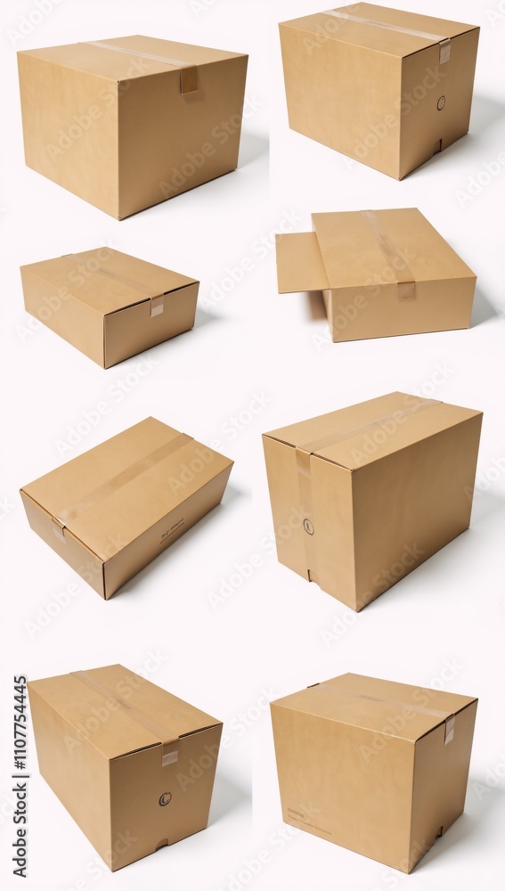 Fototapeta premium Close-up images showing various sides open closed of parcelscardboard boxes against clean backgrounds