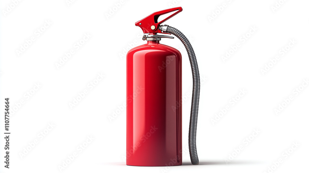 Fototapeta premium Red fire extinguisher isolated on white background. emergency flame danger firefighter rescue equipment, metal container with hose, fireman protection object, tool, foam, hazard, prevention.
