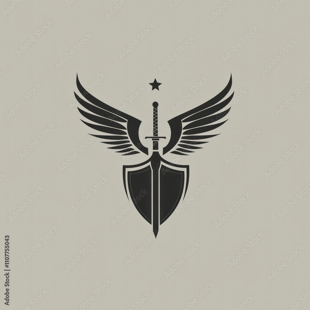 Fototapeta premium Here's a suggested and keywords for your image.. Winged sword and shield emblem.
