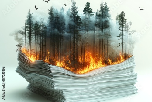 A dramatic illustration depicts a forest fire emerging from a stack of papers, symbolizing the impact of human actions on nature and the environment's fragility. photo