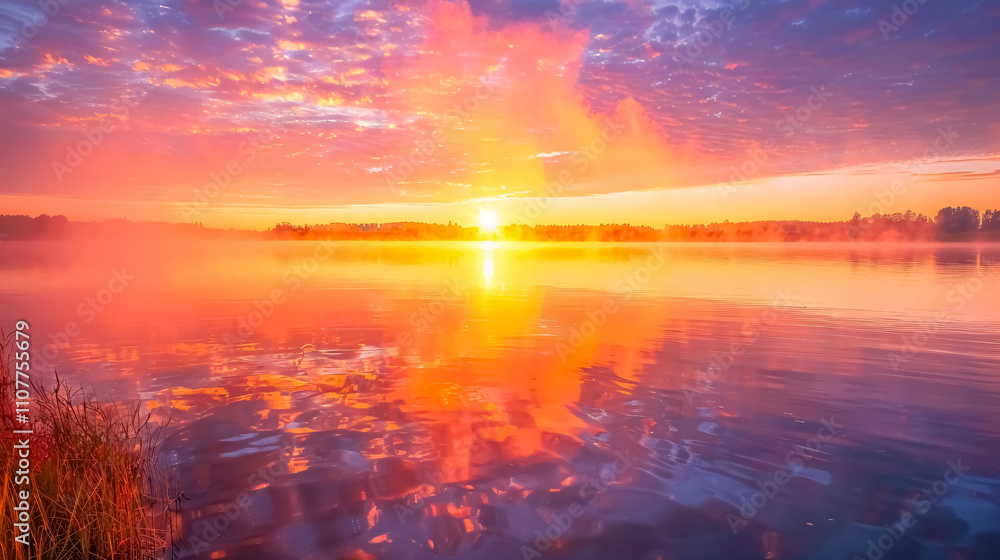 Obraz premium A breathtaking sunrise over a tranquil lake with mist rising from the water