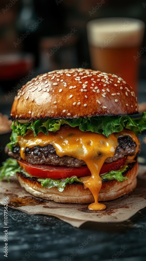 Juicy cheeseburger with melted cheese, lettuce, tomato, and sesame seed bun on dark wood. Juicy cheeseburger with melted cheese, lettuce, tomato, and sesame seed bun on dark wood.