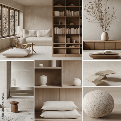 moodboard with minimal aesthetic natural wood surface and comfortable furnitures, japanese library