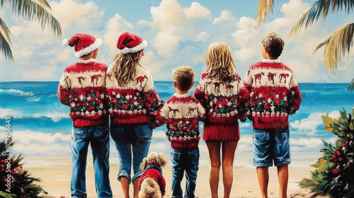 A joyful family dressed in matching holiday sweaters, complete with Santa hats, enjoys a Christmas day by the beach, blending winter festivity with sunny paradise vibes. photo