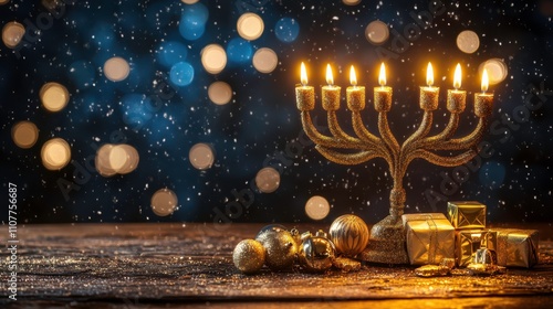 Festive menorah lighting holiday celebration decorative scene cozy atmosphere close-up view cultural tradition photo