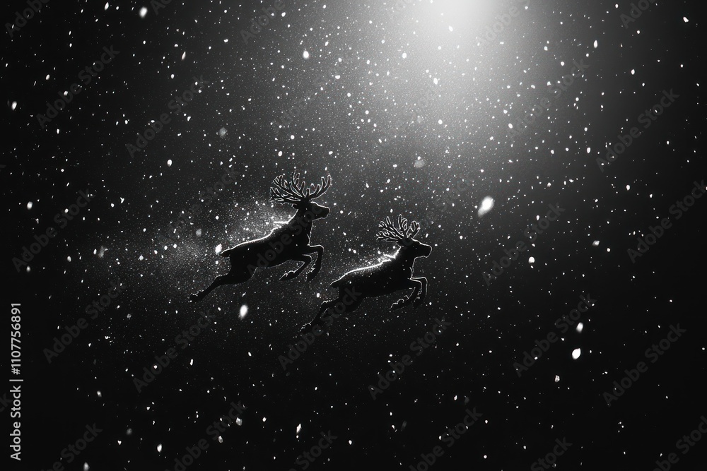 Fototapeta premium Two reindeer leap through a snowy night sky, illuminated by a bright light.