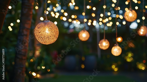 Outdoor garden lit up with glowing string lights and spherical lanterns creating a magical and enchanting atmosphere for evening events.