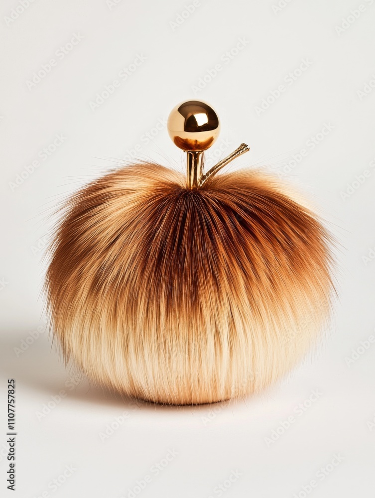 Fototapeta premium Unique fur-inspired handbag with a shiny golden apple-shaped clasp on a neutral background
