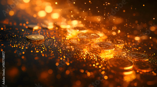 Golden Bitcoin Coins Glimmering With Sparkling Lights