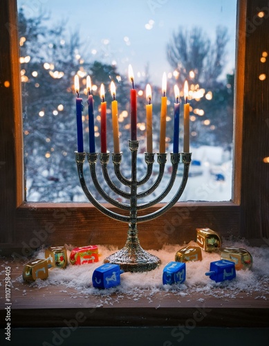 A menorah with lit candles in a snowy window during the celebration of Hanukkah in January, surrounded by dreidels and gelt. photo