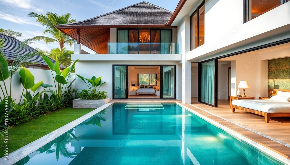 Fototapeta premium Luxury villa with private pool, perfect for a tropical getaway