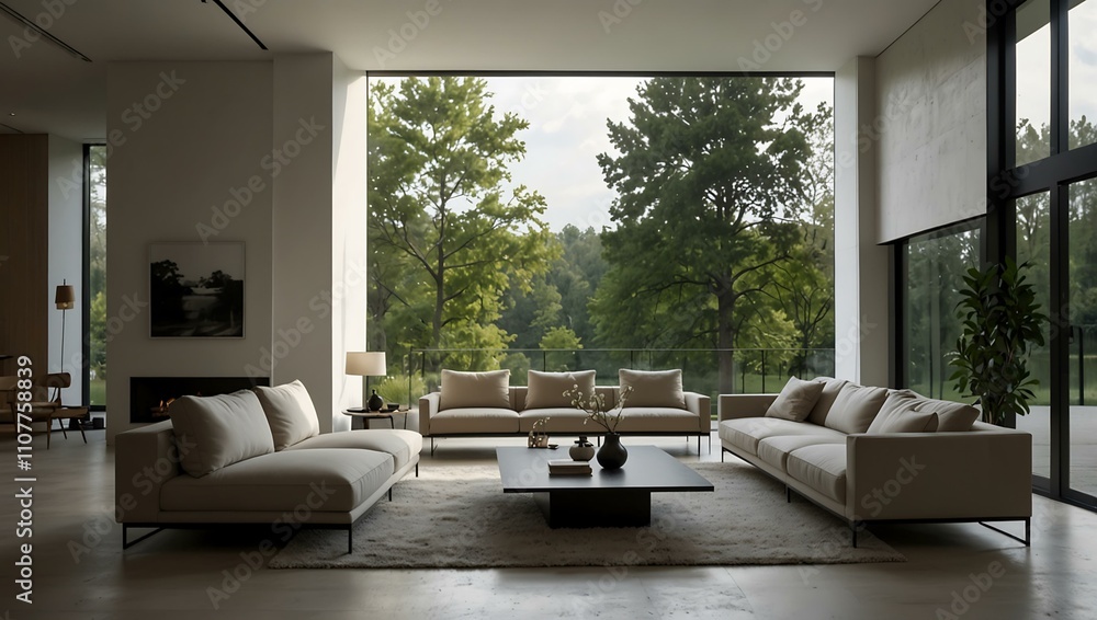 Obraz premium Modern minimalist living room with nature view.