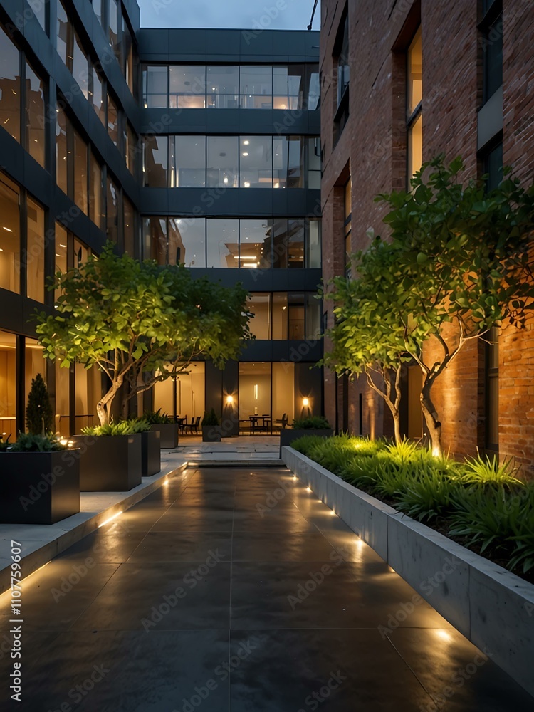 Fototapeta premium Modern office courtyard with greenery and warm lighting.