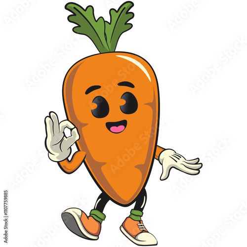 cute cartoon carrot character with cheerful face and leaf dancing while giving the okay sign, happy orange carrot mascot friendly expression, cartoon food, work of hand drawn