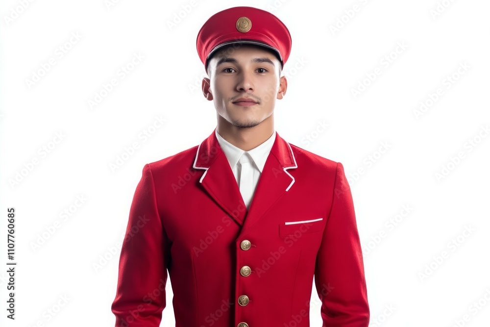 Half-body shot of realistic Hotel Receptionist wearing a red bellhop hotel suit posing front-side Half-body shot of realistic Hotel Receptionist wearing a red bellhop hotel suit posing front-side