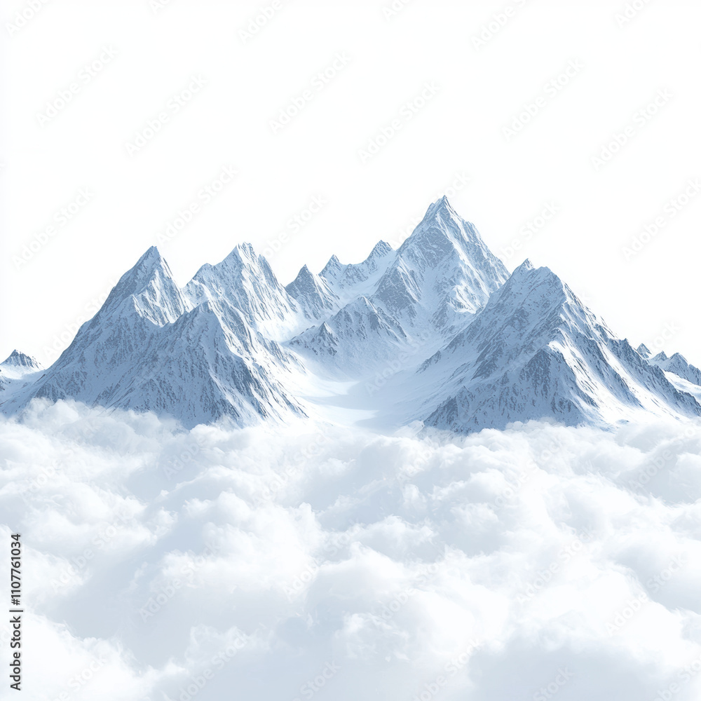 Obraz premium Majestic snow capped mountains rise above sea of fluffy clouds, creating breathtaking landscape. serene beauty evokes sense of tranquility and wonder