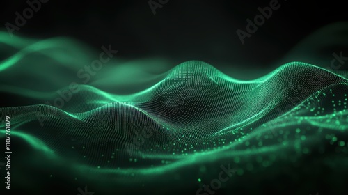 A captivating abstract image showcasing flowing green waves against a dark background, perfect for technology, music, or digital art themes in presentations, websites, or creative projects,