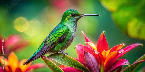 Majestic Greencrowned Brilliant Hummingbird Sitting on a Vibrant Flower in a Lush Tropical Environment with a Soft Focus Background Highlighting Nature's Beauty photo