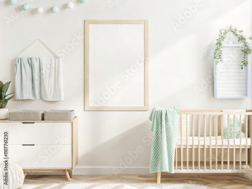 Environmentally conscious nursery with a poster mockup, recycled wood furniture and plant accents, neutral baby accessories and soft sunlight casting gentle shadows photo