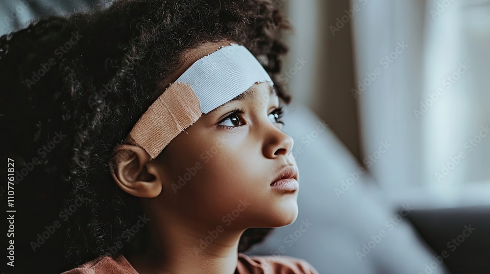 Fototapeta premium Young Child With Bandage On Forehead Looking Upward