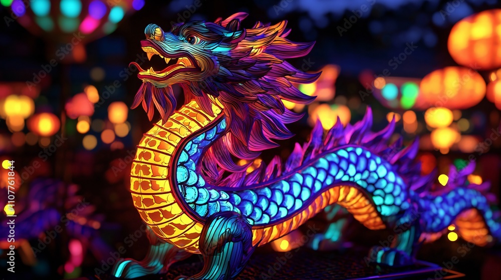 Obraz premium Illuminated Dragon Lantern Asian Culture Festival Lights Chinese New Year