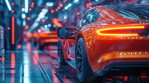 Electric car charging in futuristic factory.