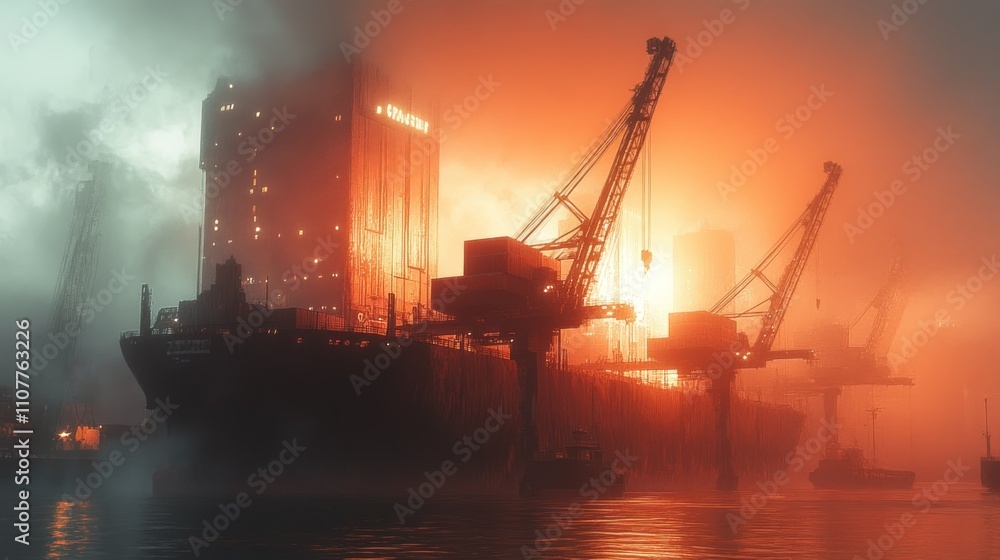 Fototapeta premium A large cargo ship sits docked at a port, cranes loom over it, shrouded in fog and backlit by an orange glow.