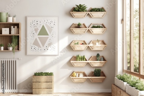 Sustainable nursery with a poster mockup on the wall, recycled wood shelves and plants, neutral and earthy tones, soft light from large windows highlighting the eco vibes photo