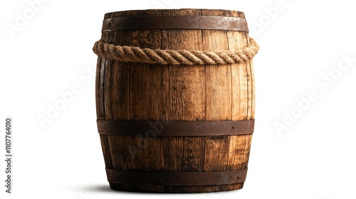 Wooden barrel with iron bands and rope detail, perfect for rustic themes and vintage decor. Ideal for food storage, beverage aging, or as a decorative piece. photo