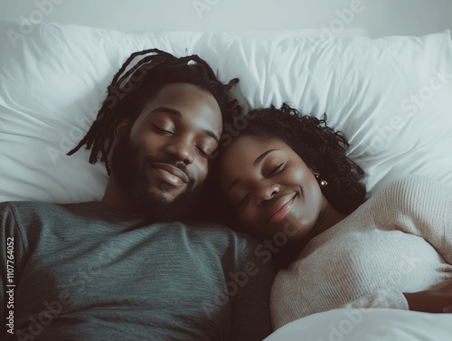 A couple happily cuddling in bed, enjoying a moment of intimacy and connection, surrounded by a cozy and inviting atmosphere. photo