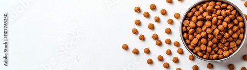 Top view of a bowl of dry pet food on white background with scattered kibbles, providing ample space for copy and design elements.