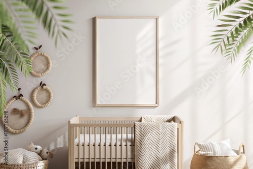 Organic-style nursery with a poster mockup, wooden crib and eco-friendly baby accessories, lush green plants in the background, peaceful and natural light photo