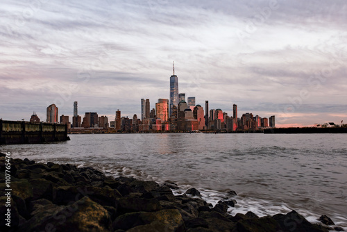 One World Trade Center. WTC memorial. Lower Manhattan view. View from New Jersey. New York City skyline. New York skyline of World Trade Center.